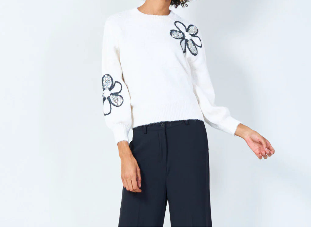 Floral Sequin Embellished Knit Wool Mix Sweater