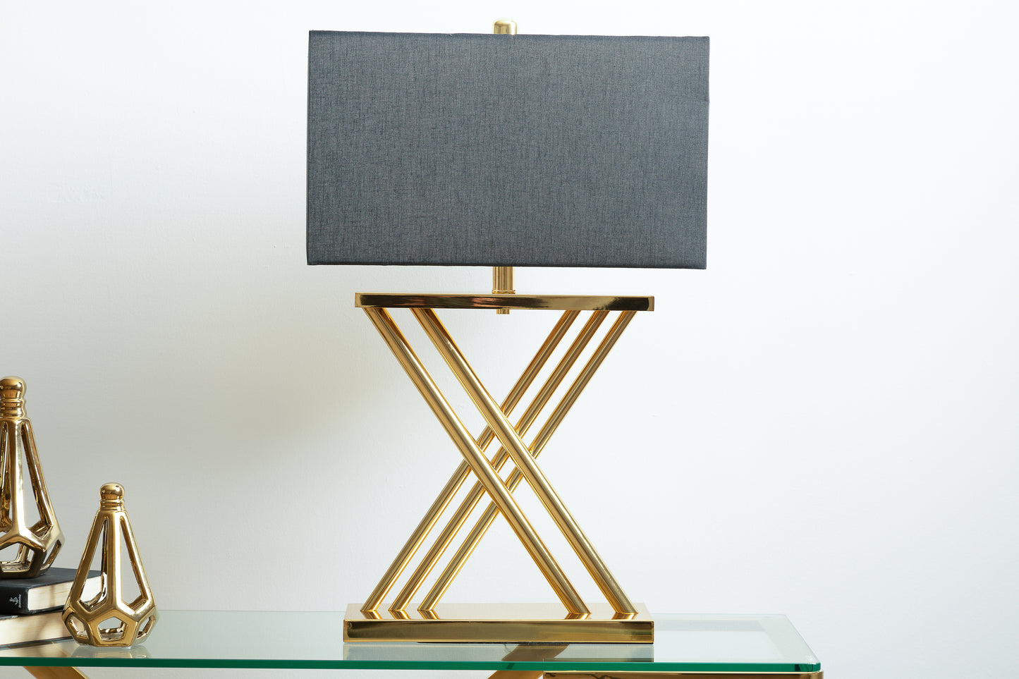Denver X Frame Tall Table Lamp - Gold finish with Black Faux Silk Shade - 70cm