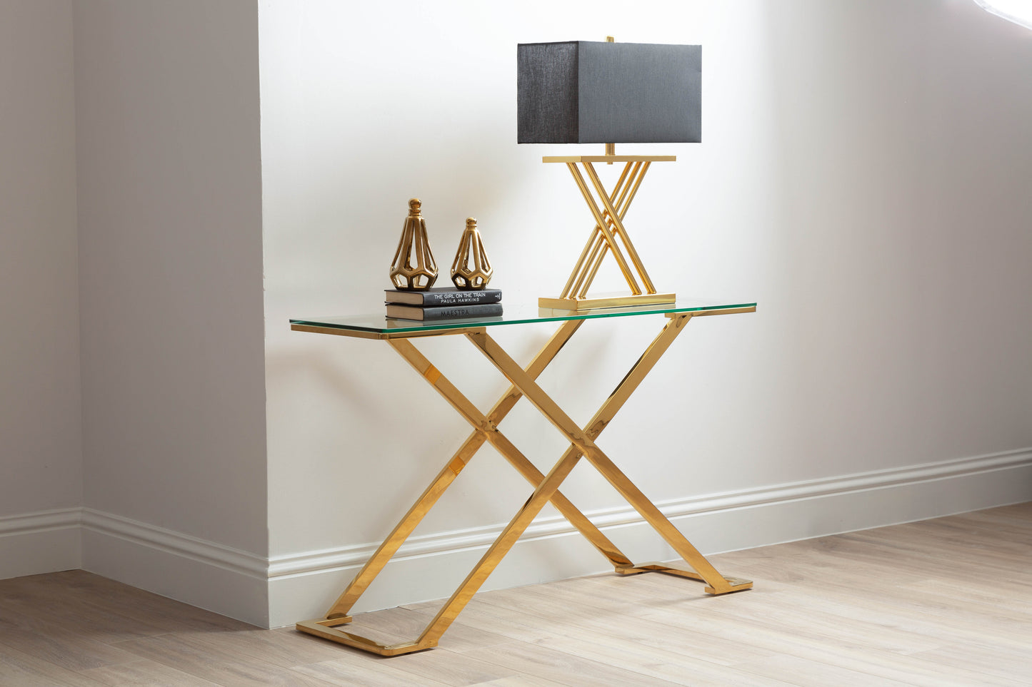 Denver X Frame Tall Table Lamp - Gold finish with Black Faux Silk Shade - 70cm