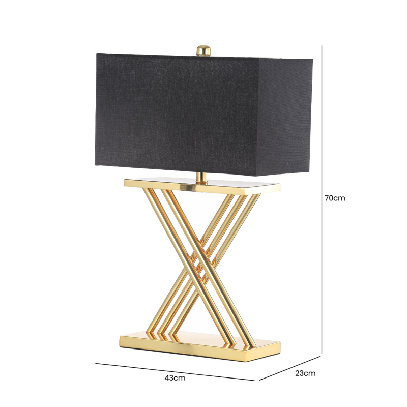Denver X Frame Tall Table Lamp - Gold finish with Black Faux Silk Shade - 70cm