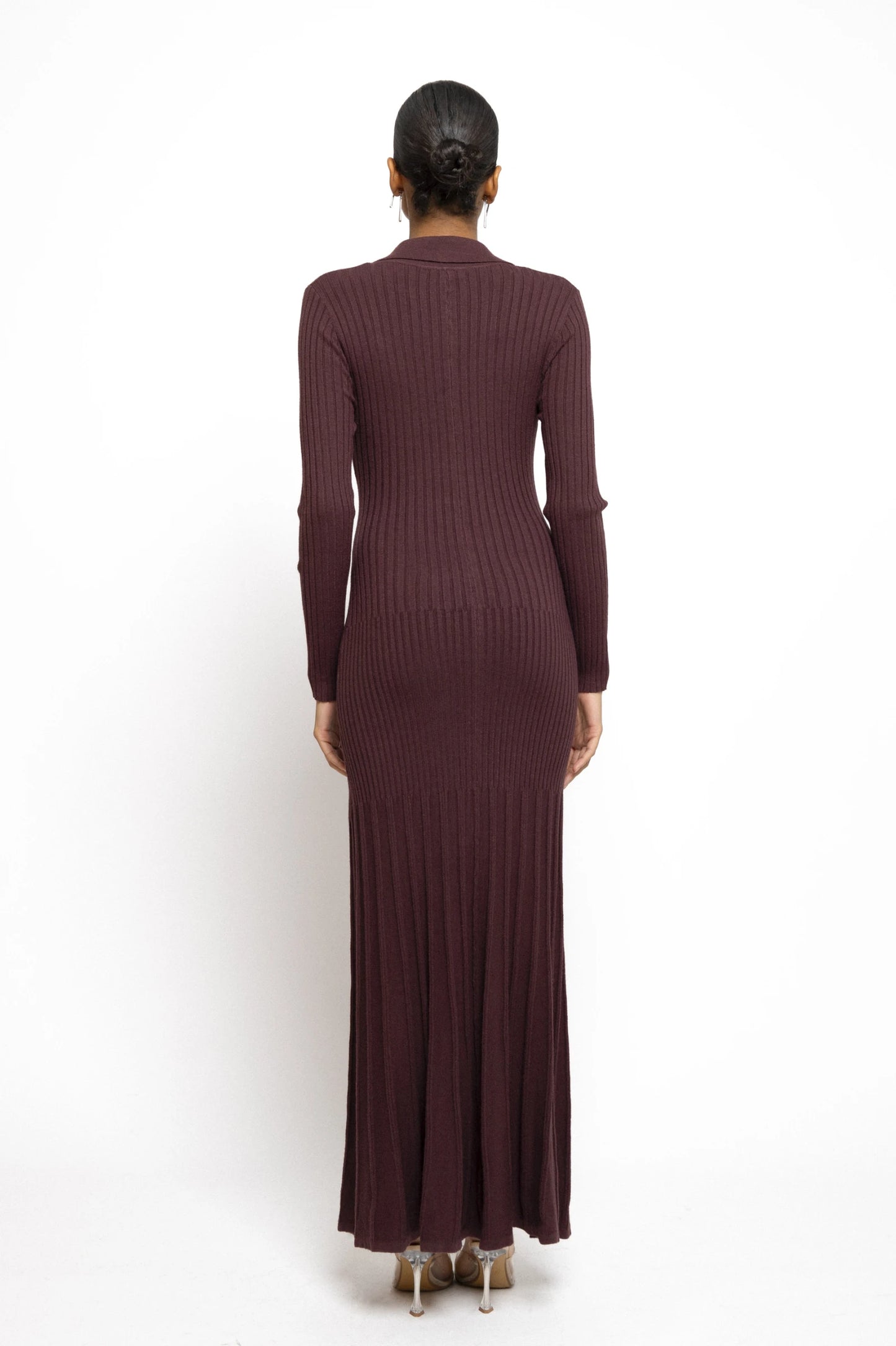 Soft Knitted Stretch Shirt Dress with Pearl Buttons - Plum