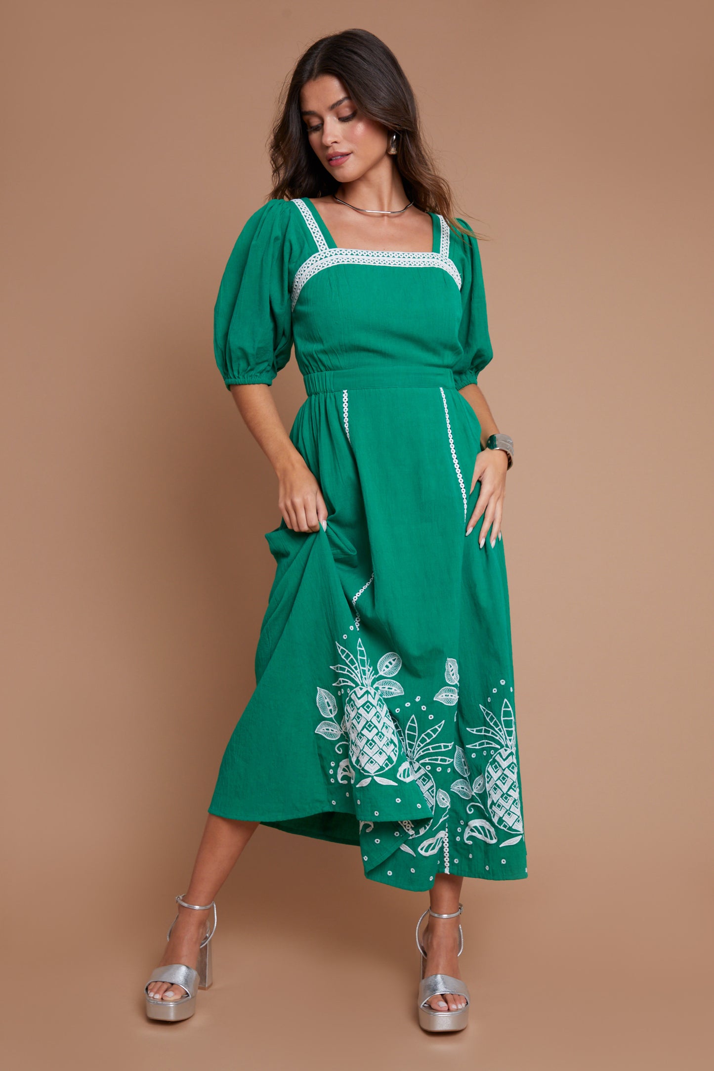 Another Sunday Puff Sleeve Dress With Embroidered Detail