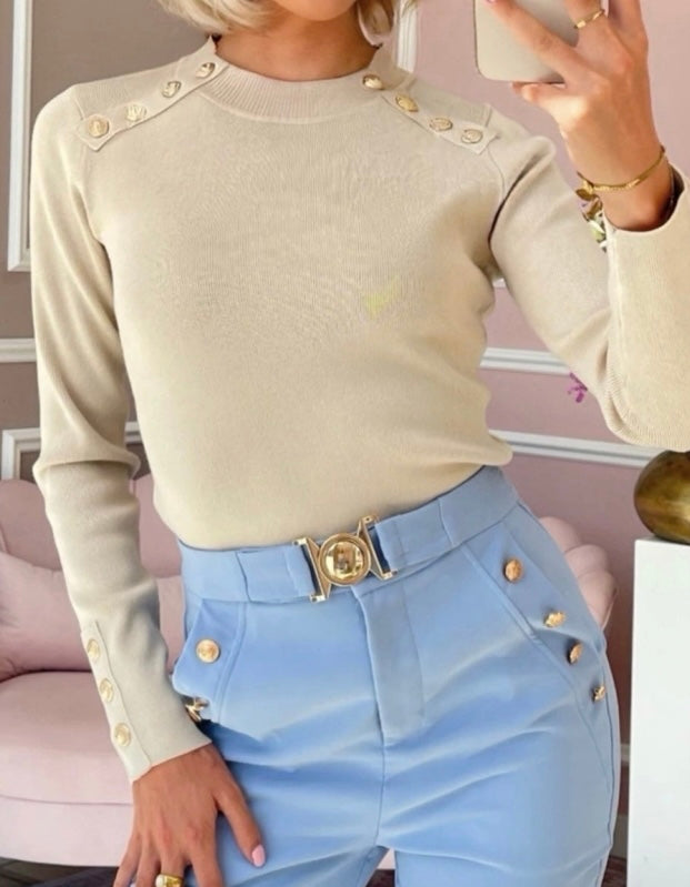 Gold Button Cashmere Blend Turtleneck Sweater