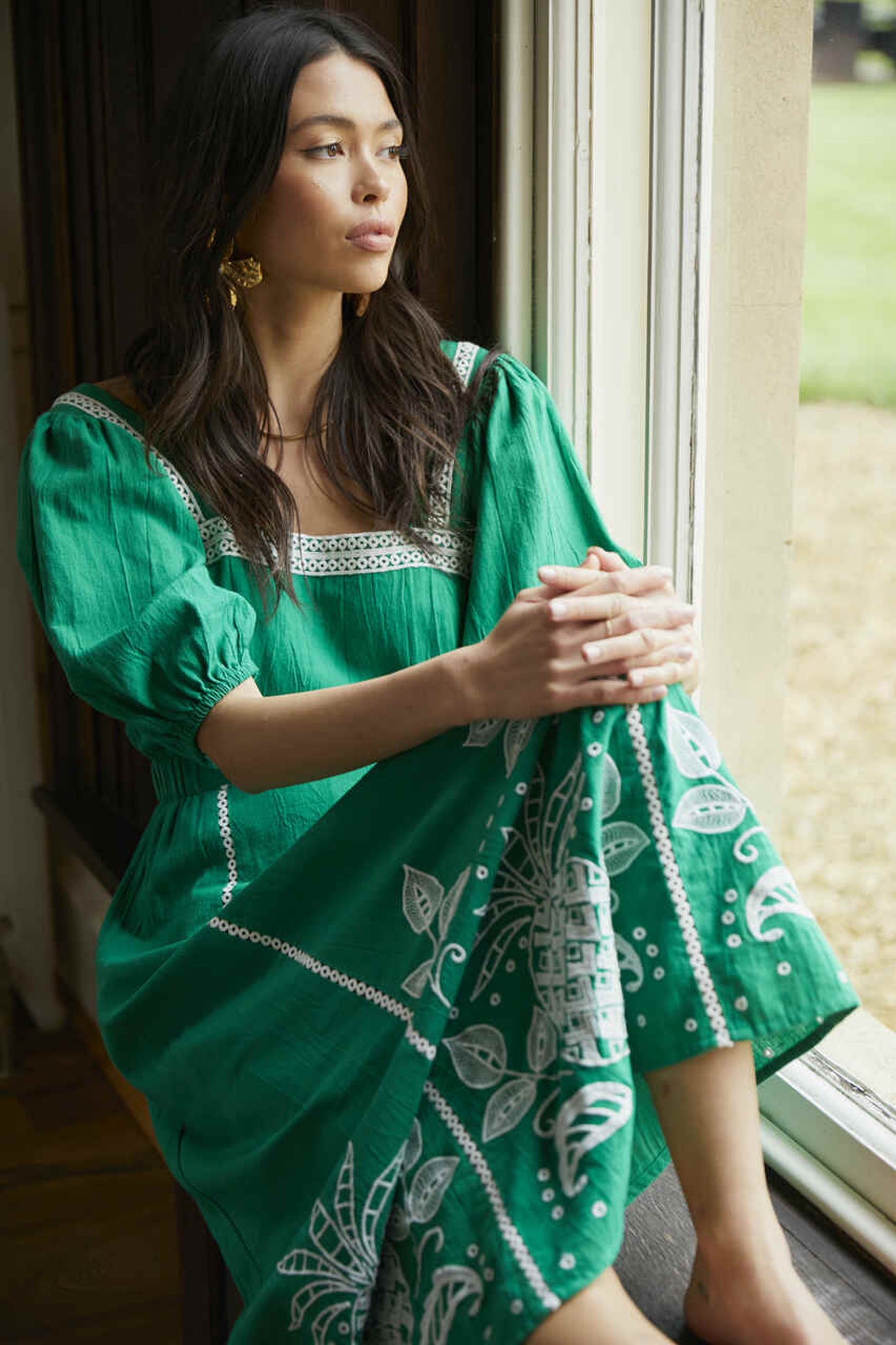 Another Sunday Puff Sleeve Dress With Embroidered Detail