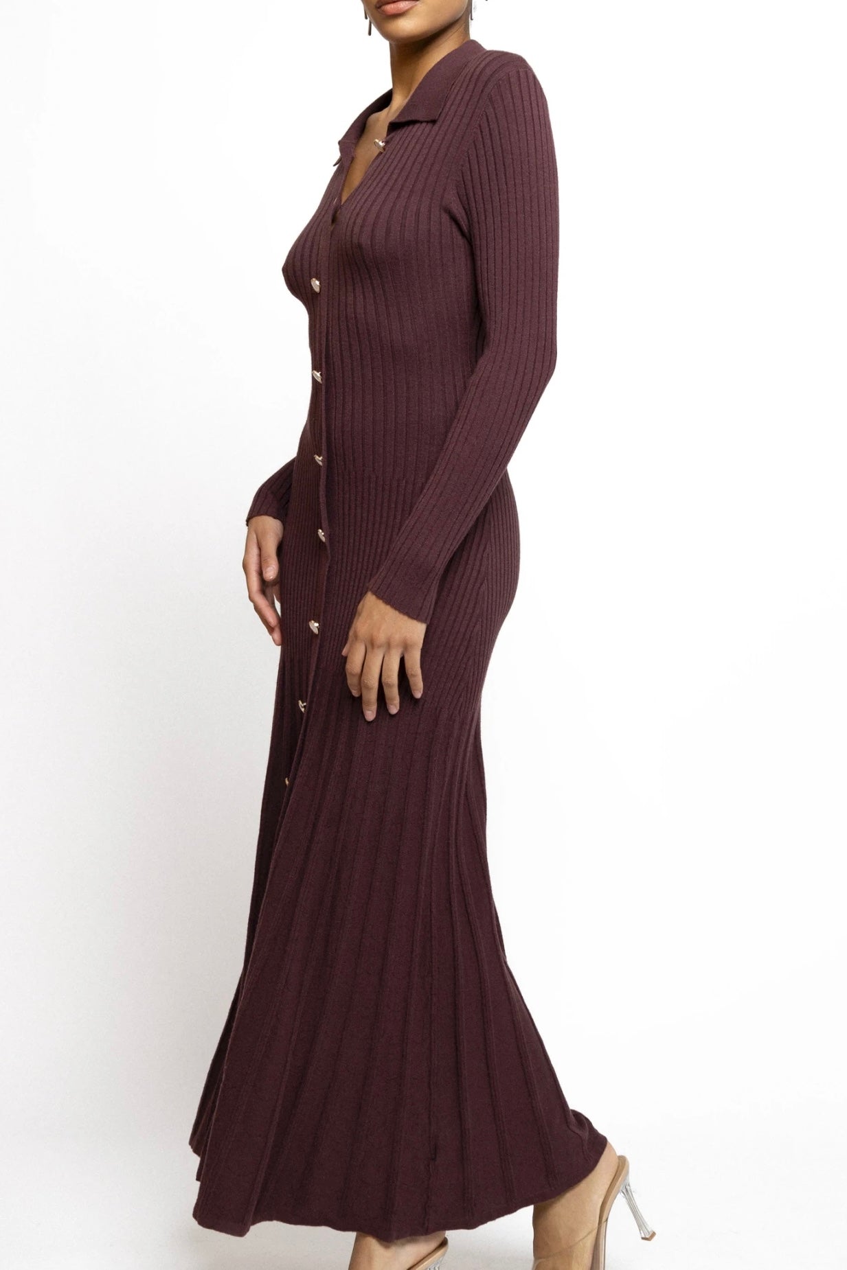 Soft Knitted Stretch Shirt Dress with Pearl Buttons - Plum