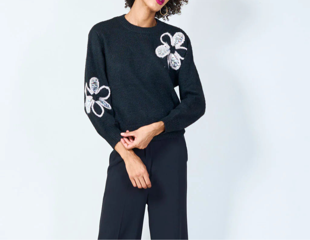 Floral Sequin Embellished Knit Wool Mix Sweater