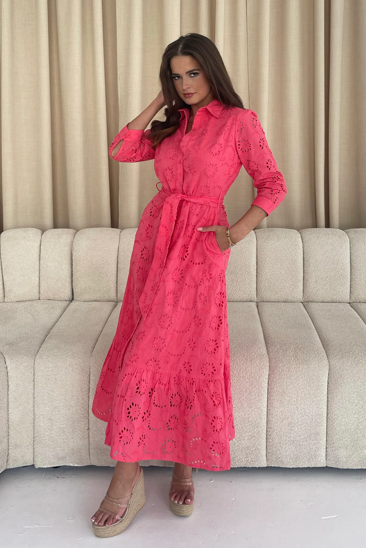 Michelle Broidery Shirt Maxi Dress - Coral