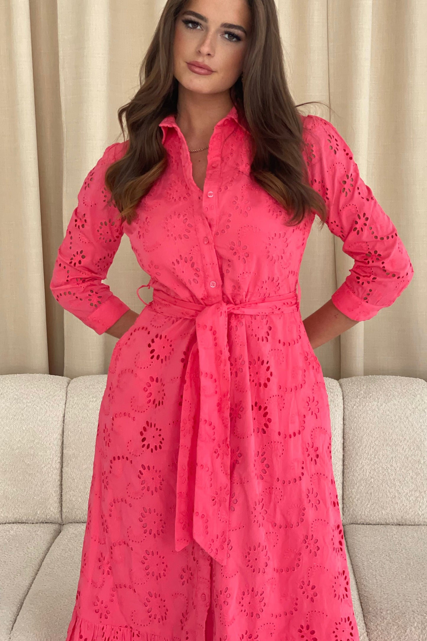 Michelle Broidery Shirt Maxi Dress - Coral