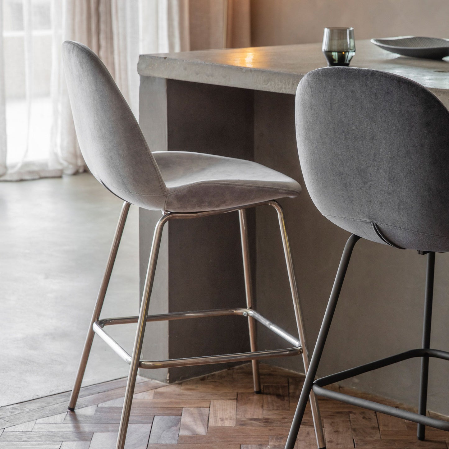 Light Grey Velvet Bar Stool with Chrome Legs (2pk)