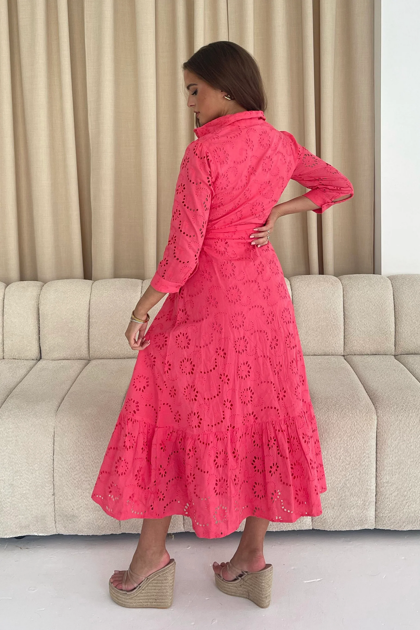 Michelle Broidery Shirt Maxi Dress - Coral
