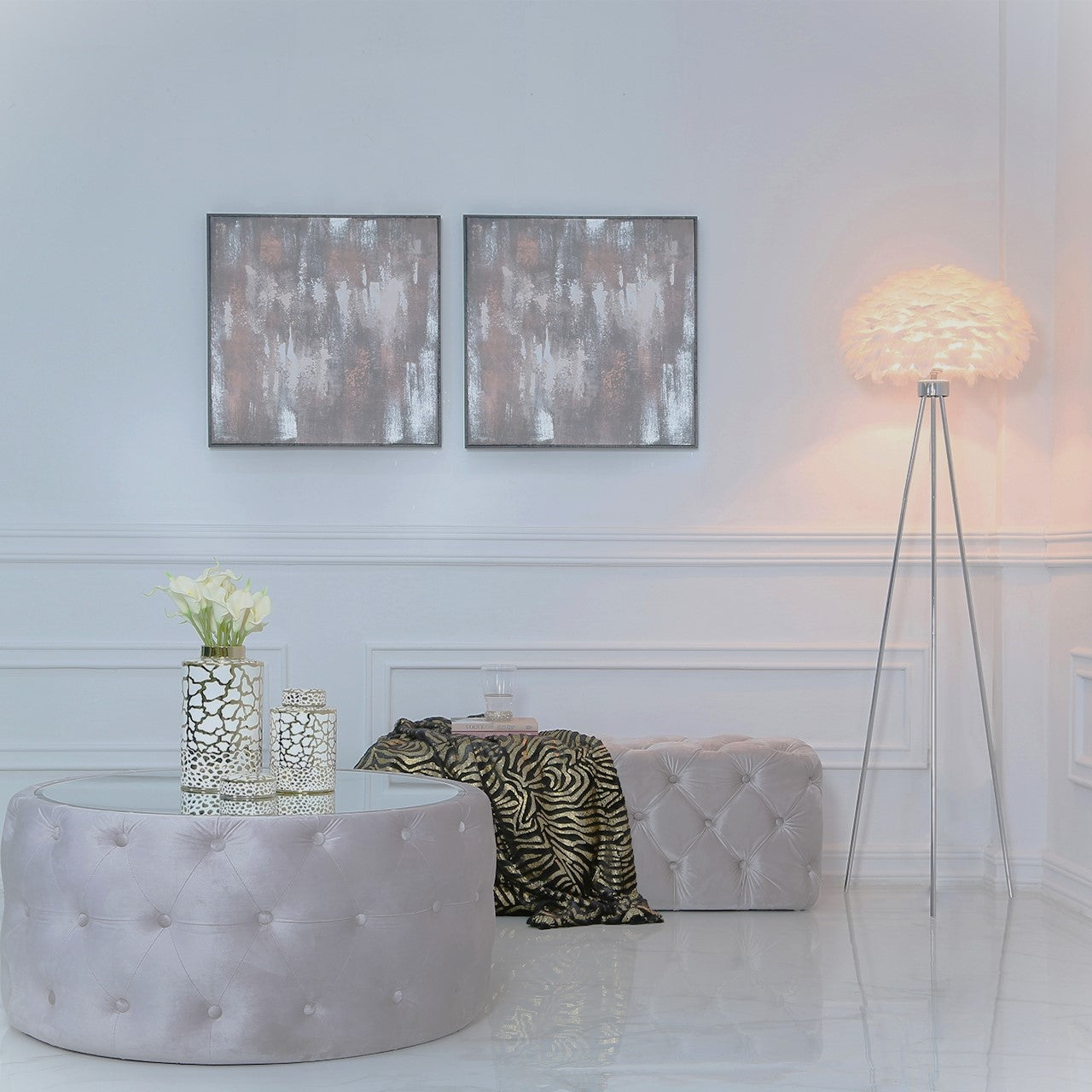 Chrome Tripod Floor Lamp with White Feather Shade - 162.5cm