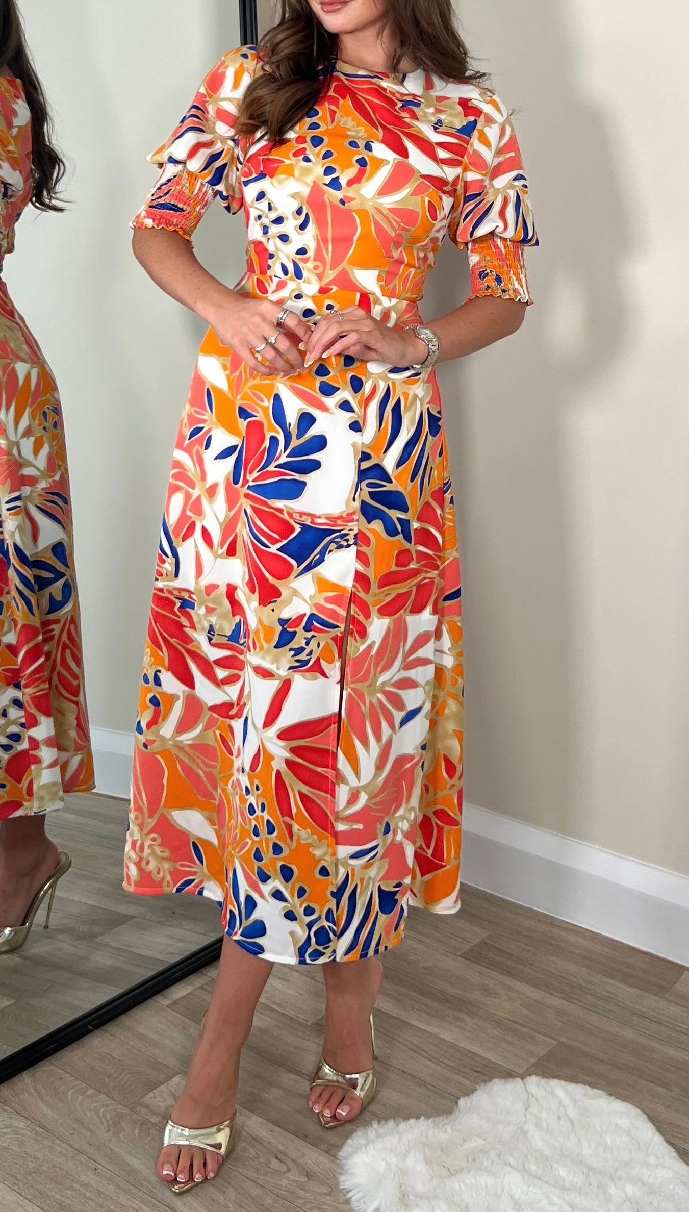 Shayla Orange Shirred Cuff Midi Dress