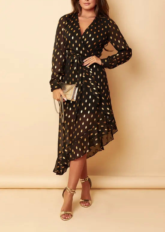 Black Gold Foil Print Wrap Effect Dress