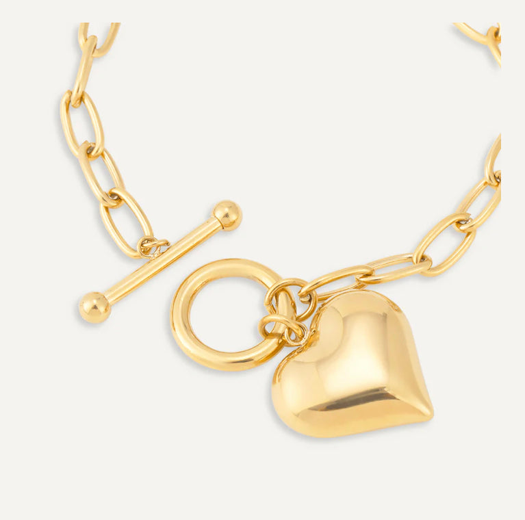 T Bar Heart Charm Clasp Bracelet - Gold