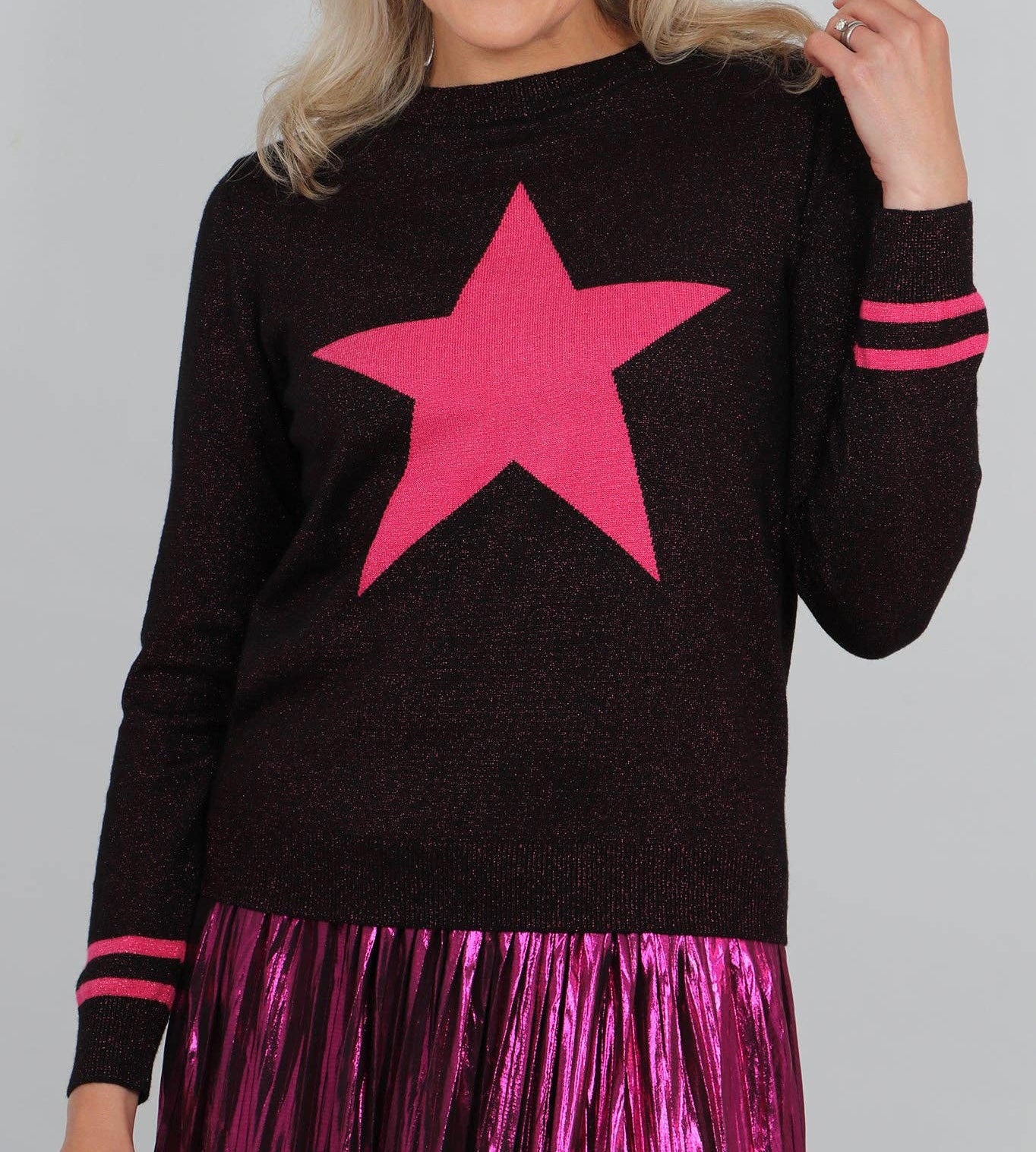 Black Fuchsia Glitter Jumper with Star and Stripe Print: Large (16-18)