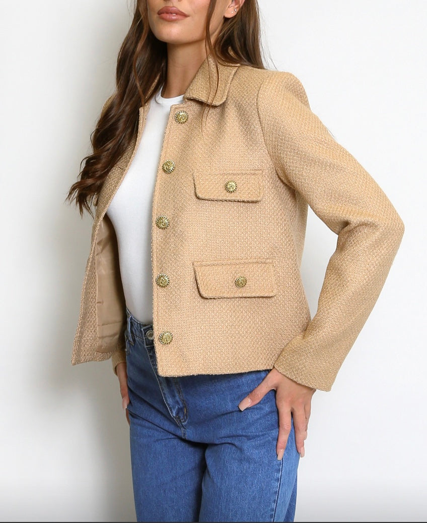Woven Cropped Gold Button Blazer