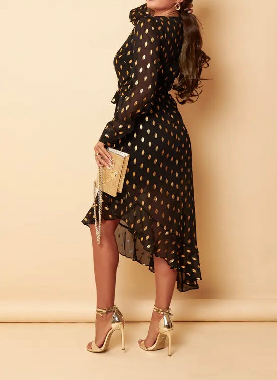 Black Gold Foil Print Wrap Effect Dress