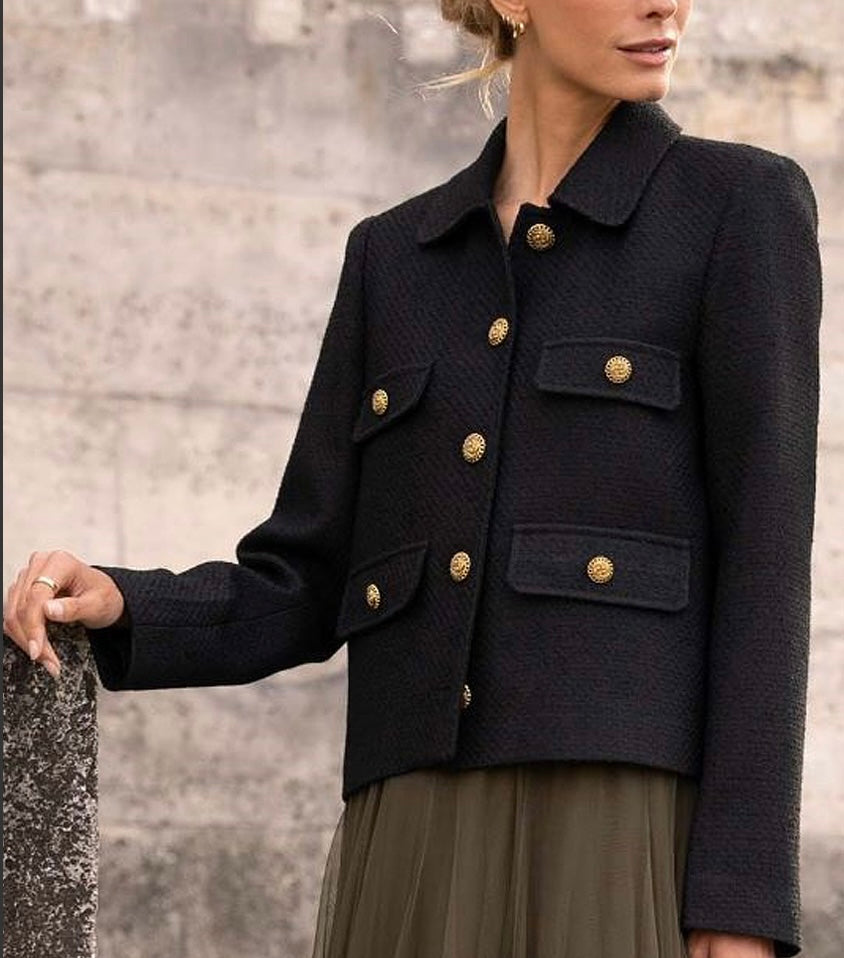 Woven Cropped Gold Button Blazer