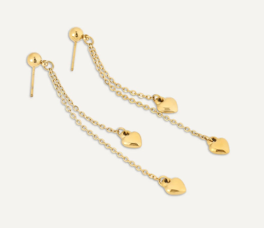 Double Chain Heart Post Earrings - Gold