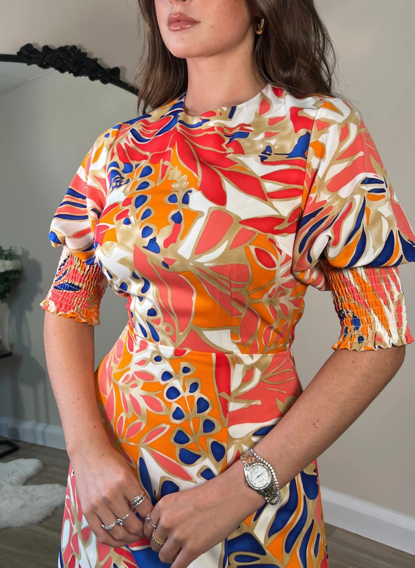 Shayla Orange Shirred Cuff Midi Dress