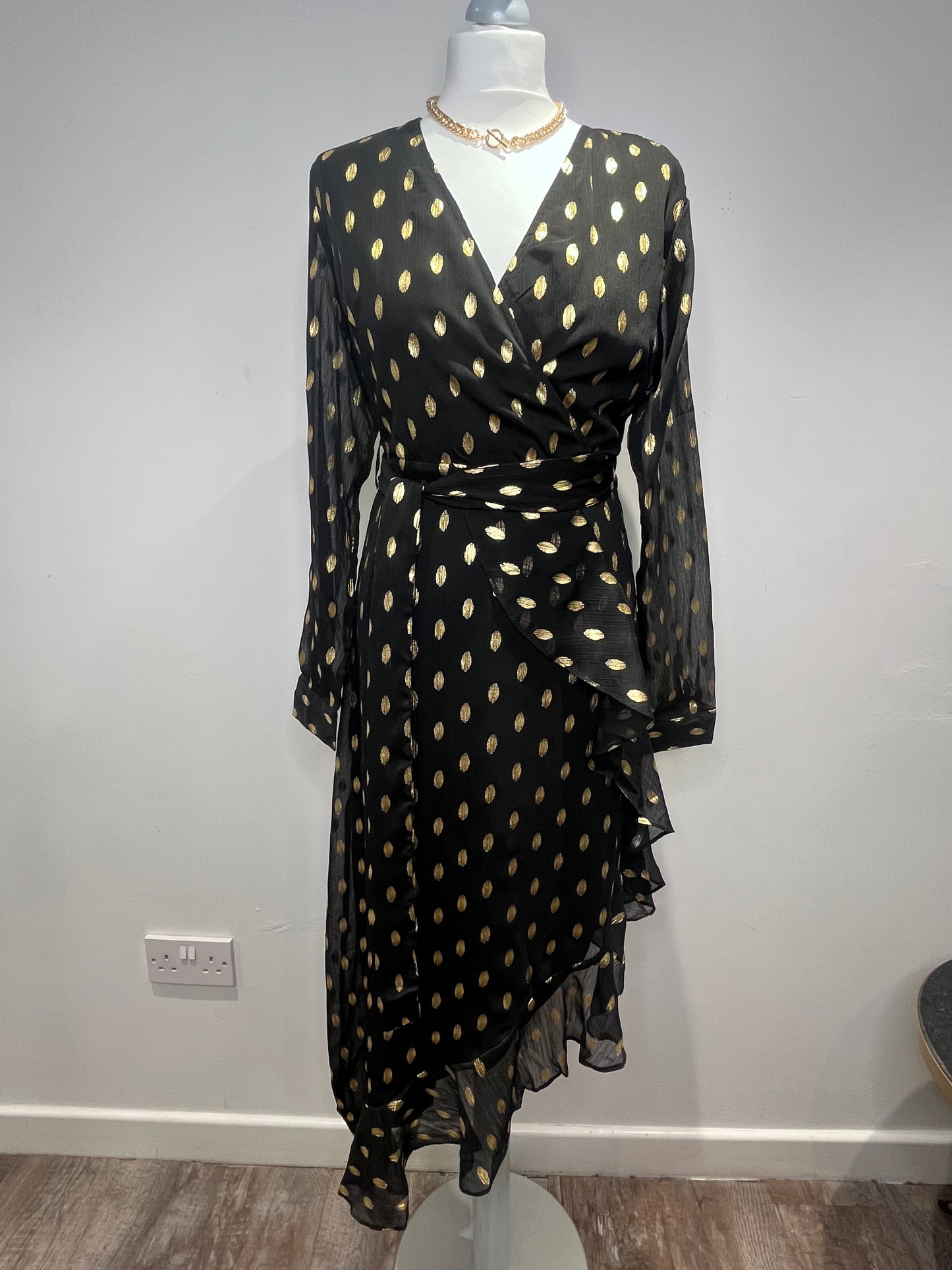 Black Gold Foil Print Wrap Effect Dress