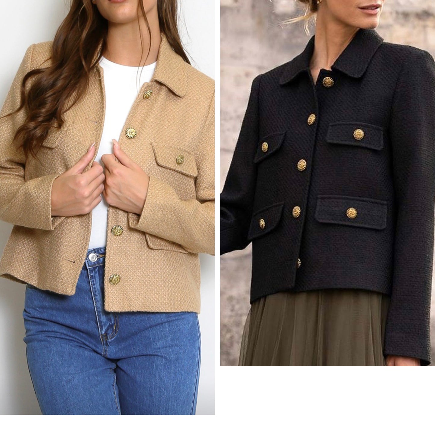 Woven Cropped Gold Button Blazer