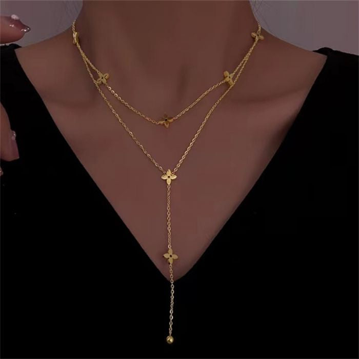 Double Layer 4 Leaf Clover Drop Necklace