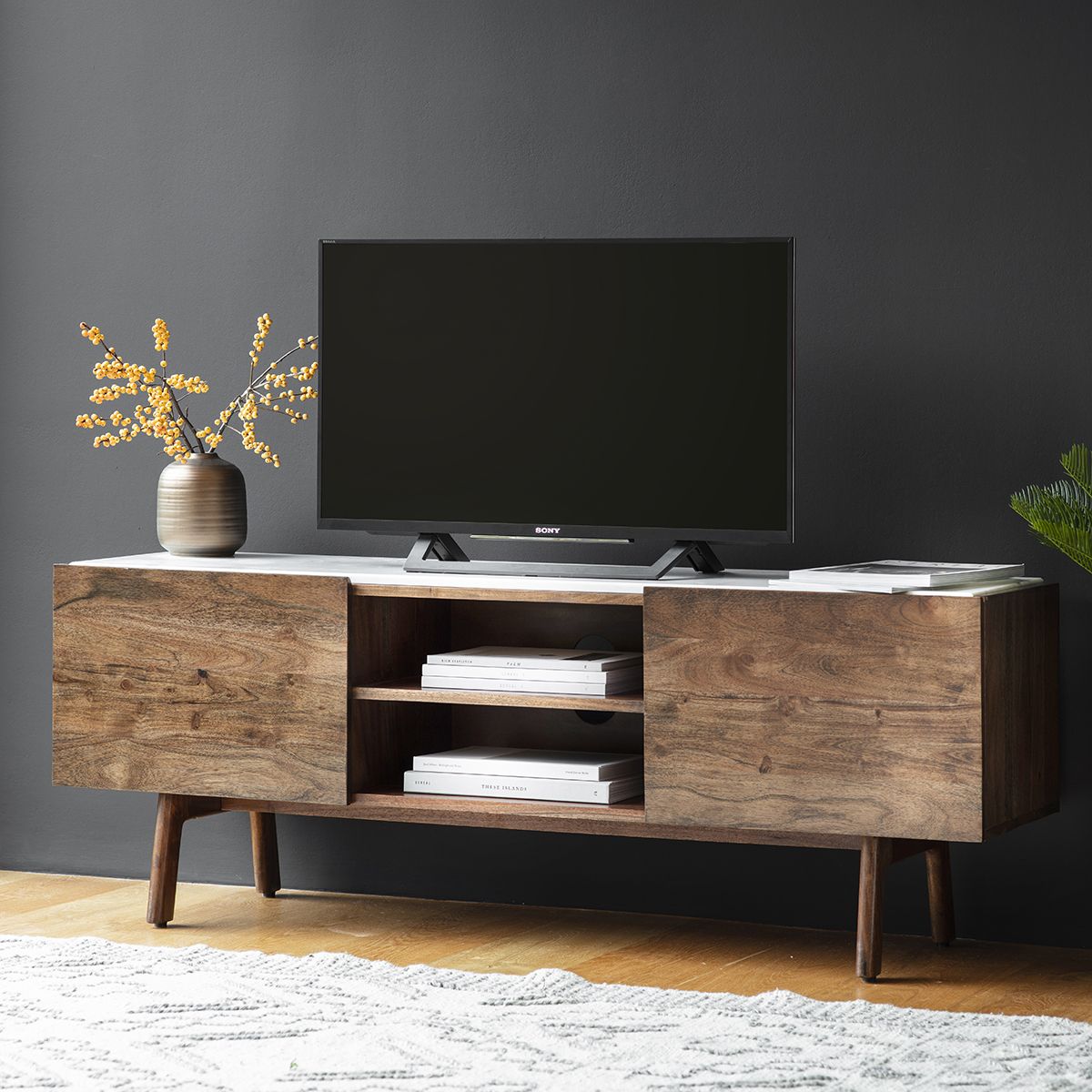 Marello Walnut Stained Acacia Solid Wood Media Cabinet with Marble Top