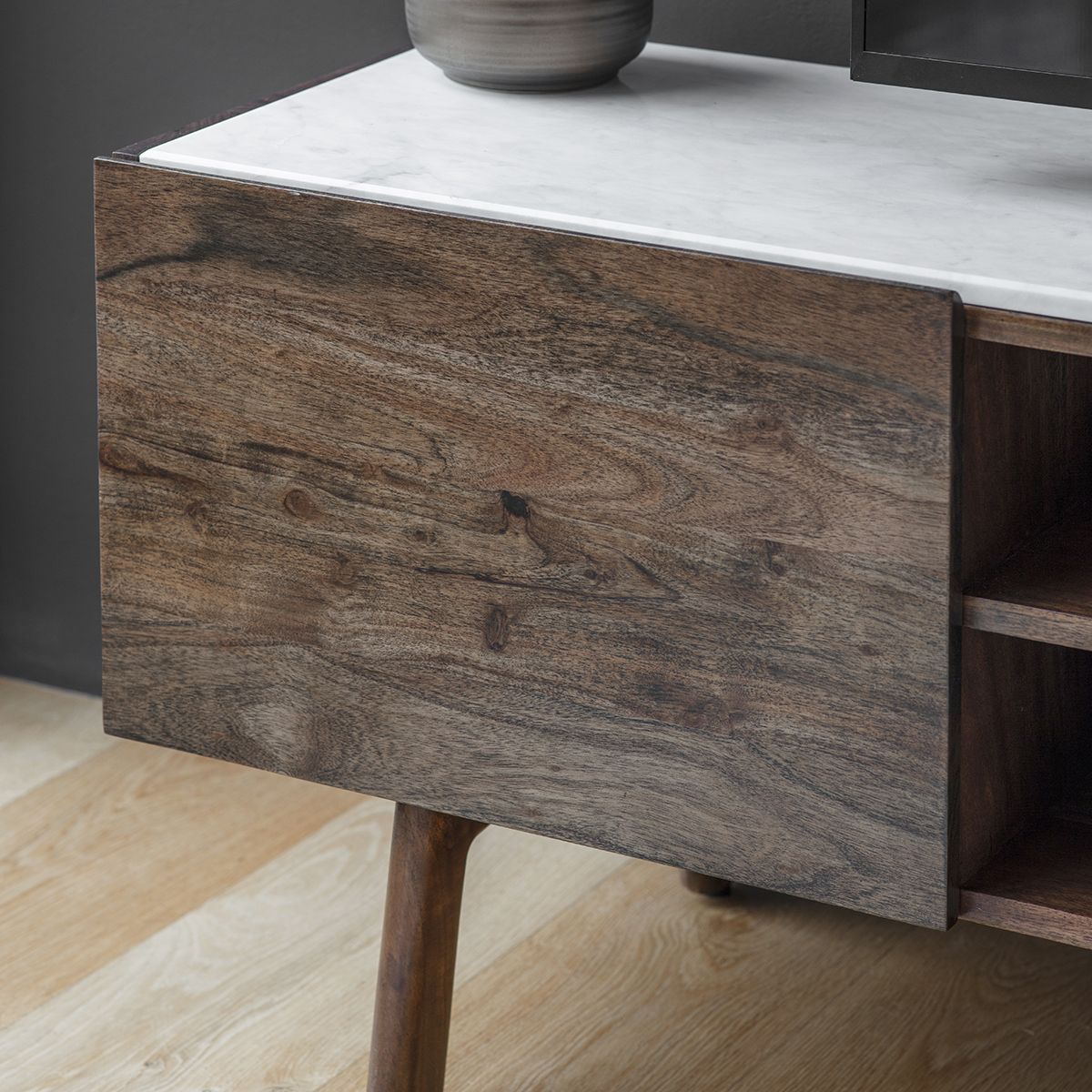 Marello Walnut Stained Acacia Solid Wood Media Cabinet with Marble Top