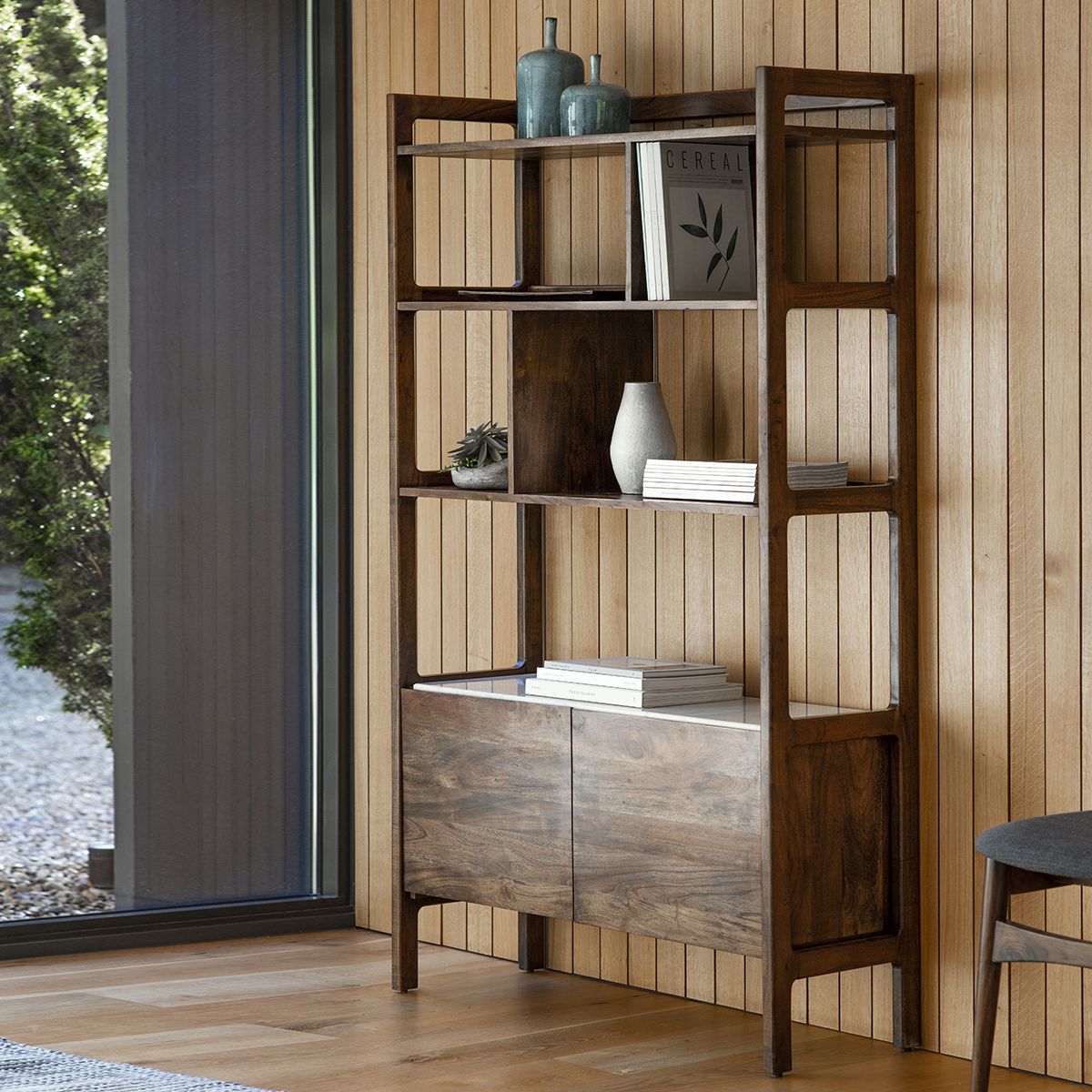 Marello Walnut Stained Acacia Solid Wood Display Unit with Fixed Marble Shelf