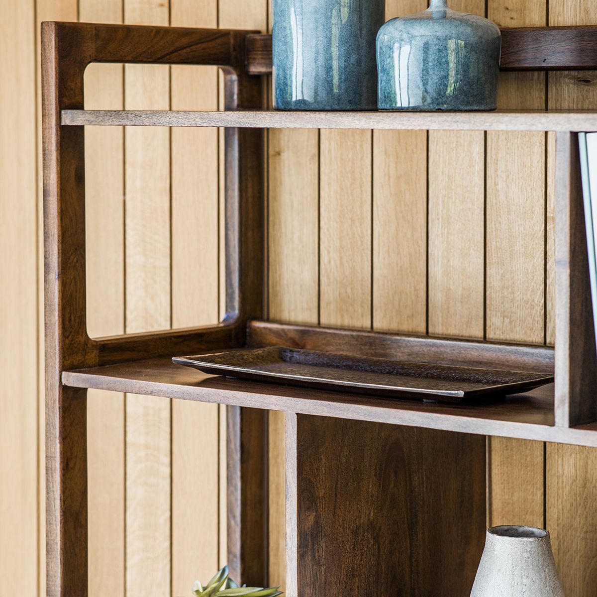 Marello Walnut Stained Acacia Solid Wood Display Unit with Fixed Marble Shelf