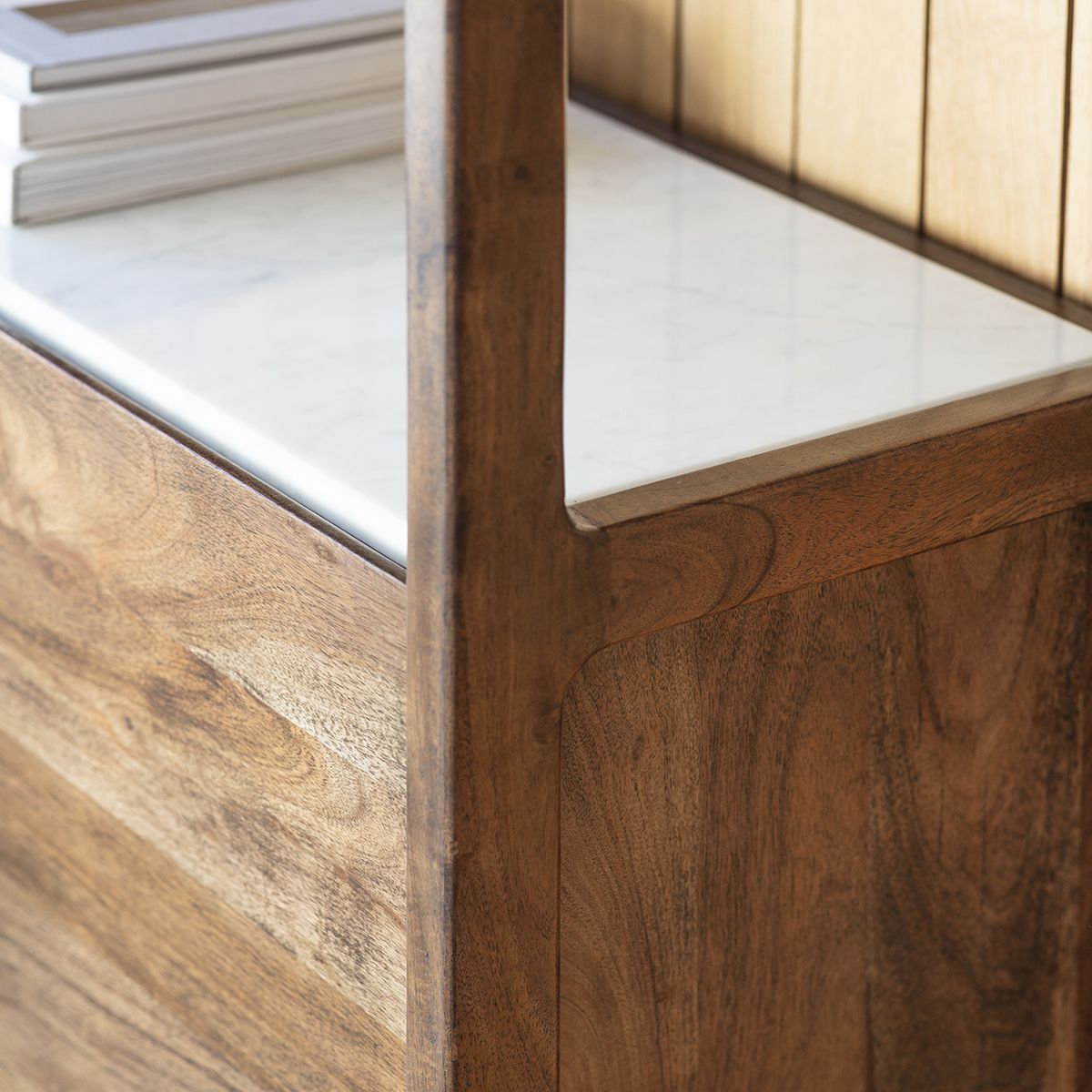 Marello Walnut Stained Acacia Solid Wood Display Unit with Fixed Marble Shelf