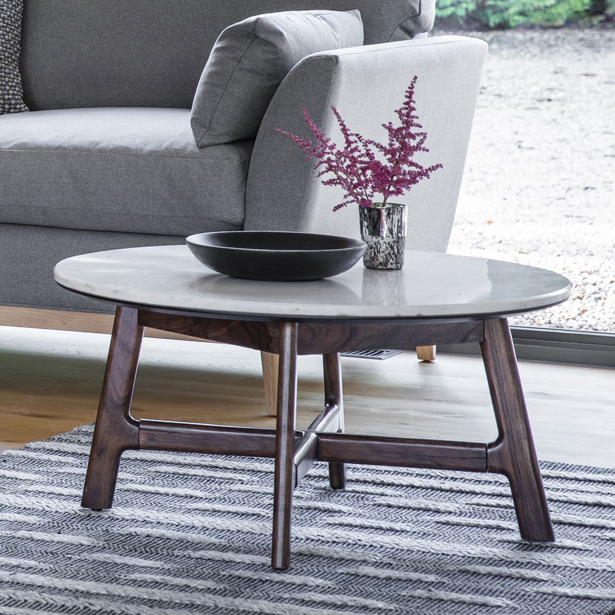 Marello Walnut Stained Acacia Solid Wood Round Coffee Table with Marble Top