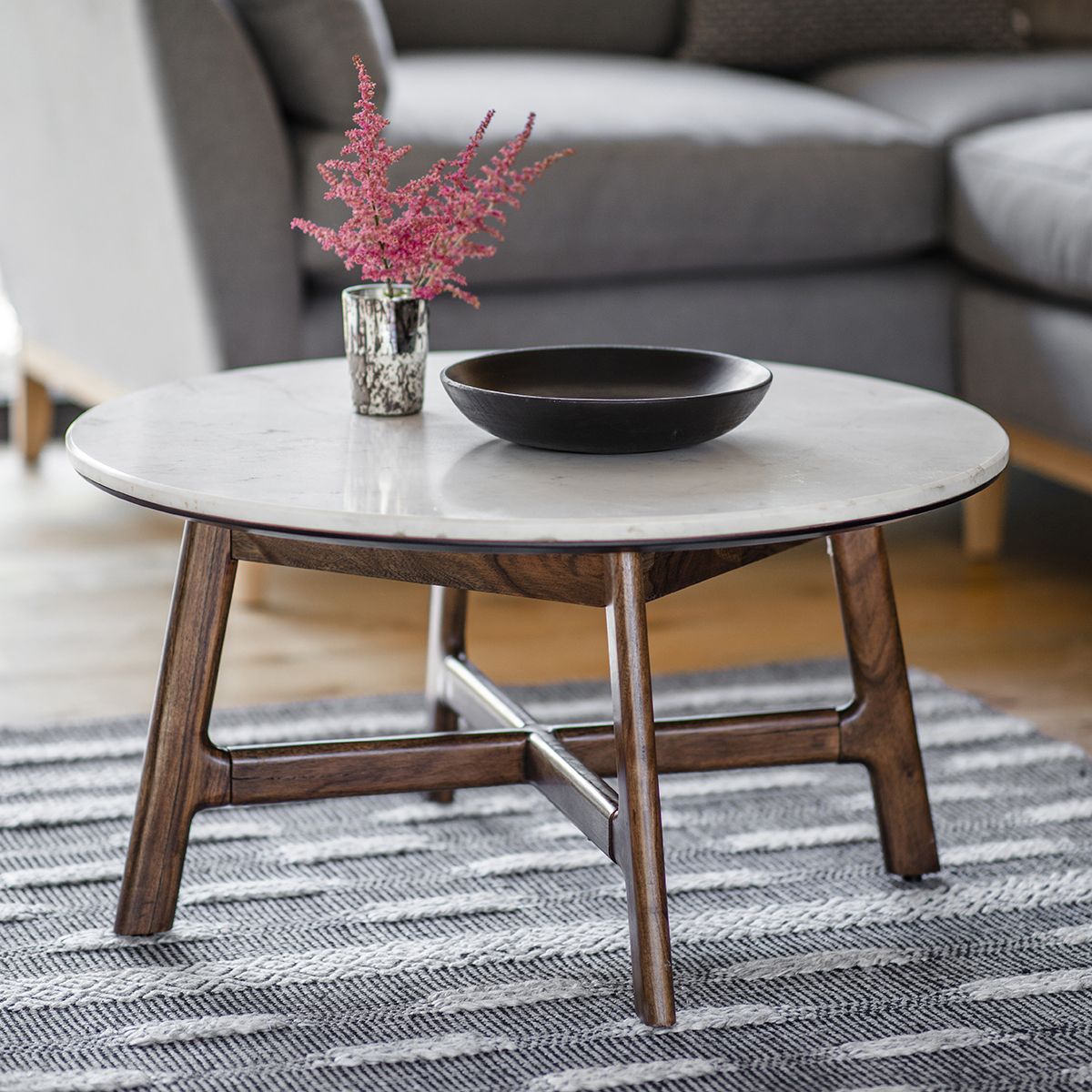 Marello Walnut Stained Acacia Solid Wood Round Coffee Table with Marble Top