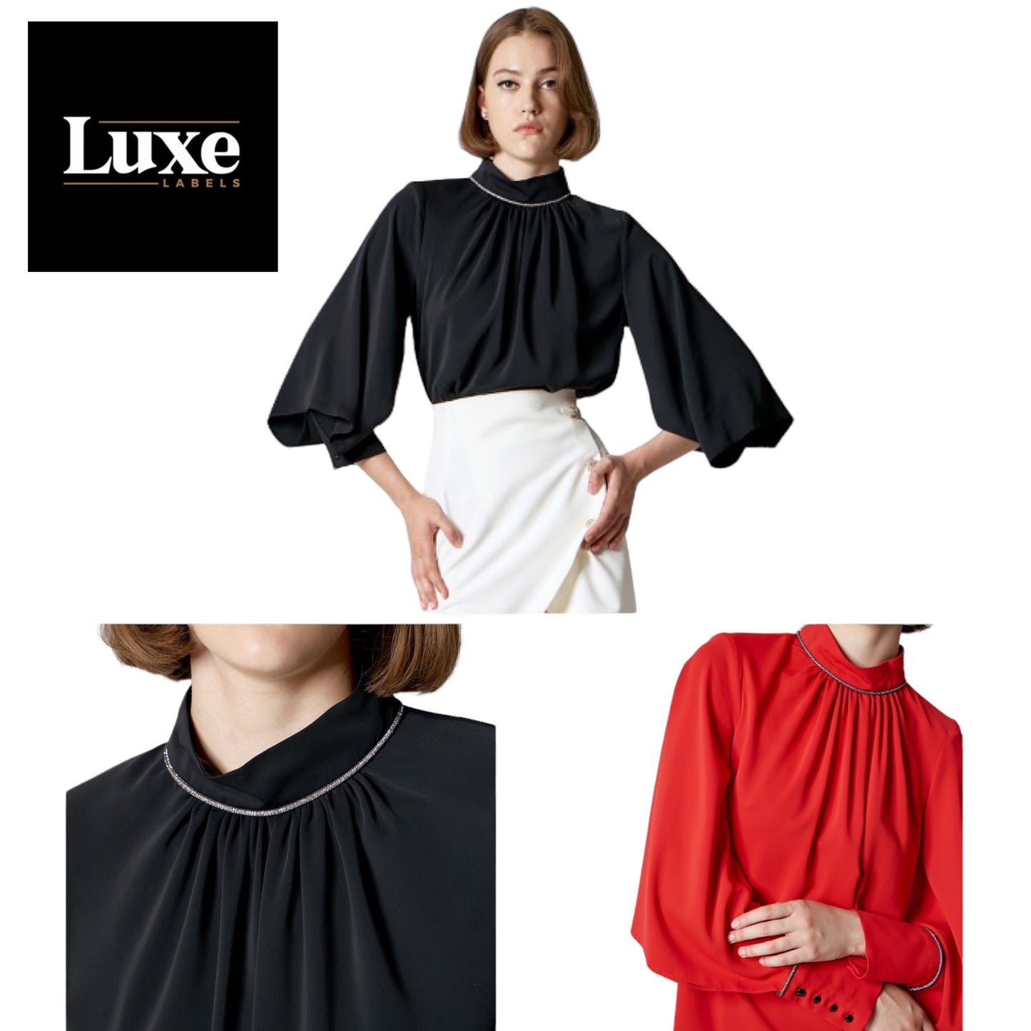 Access Fashion Diamanté Trim Blouson Deep Cuff Blouse