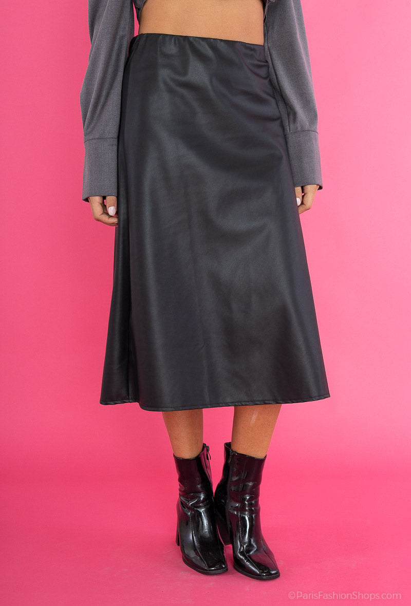 Elasticated Waist Pu A-Line Skirt