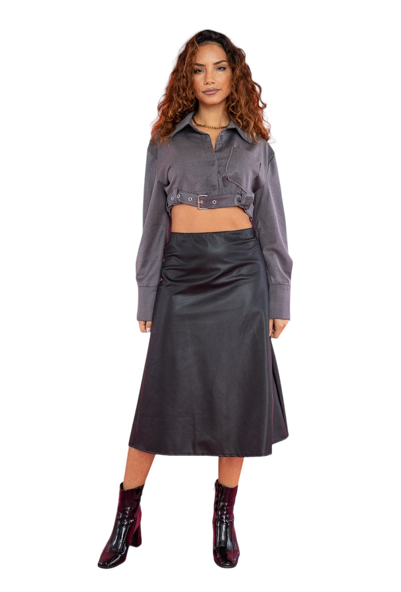 Elasticated Waist Pu A-Line Skirt