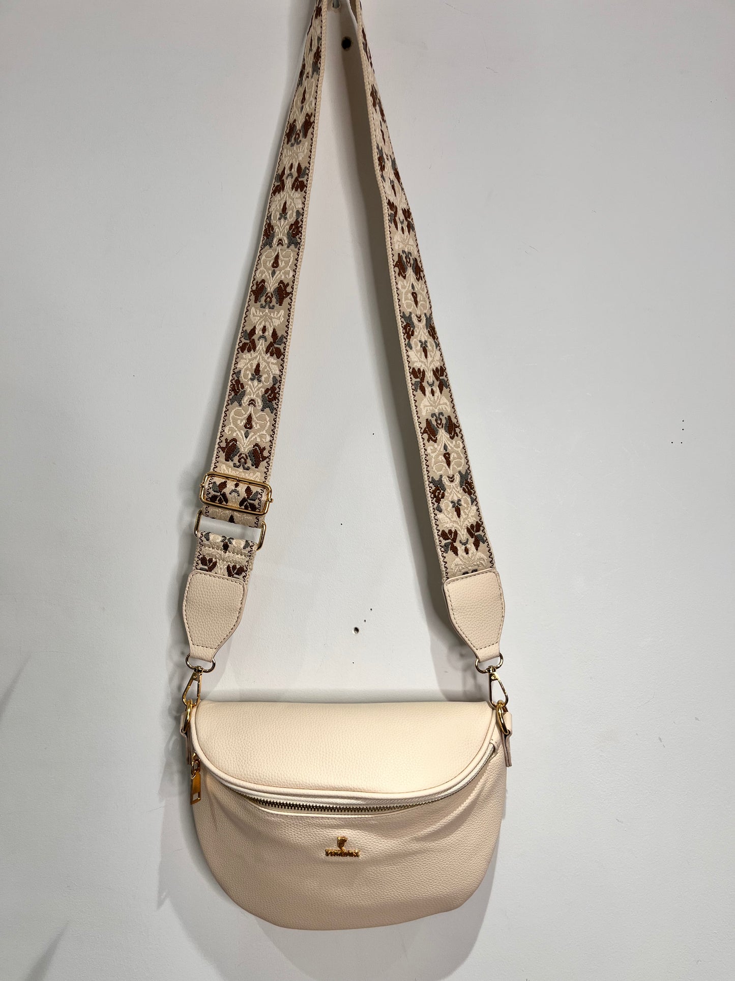 Curved Cross Body Bag with Print Strap - 2 Colours