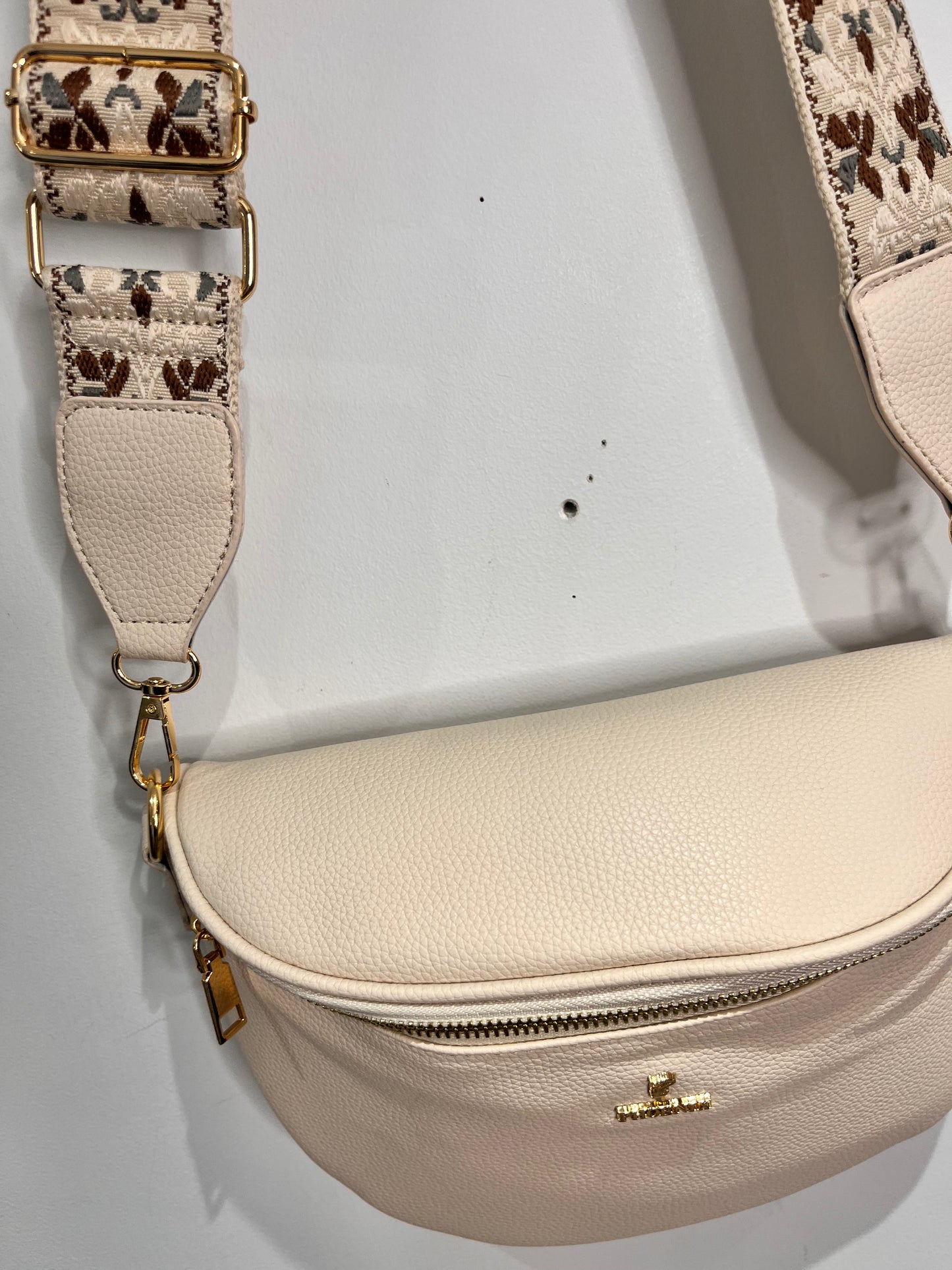 Curved Cross Body Bag with Print Strap - 2 Colours