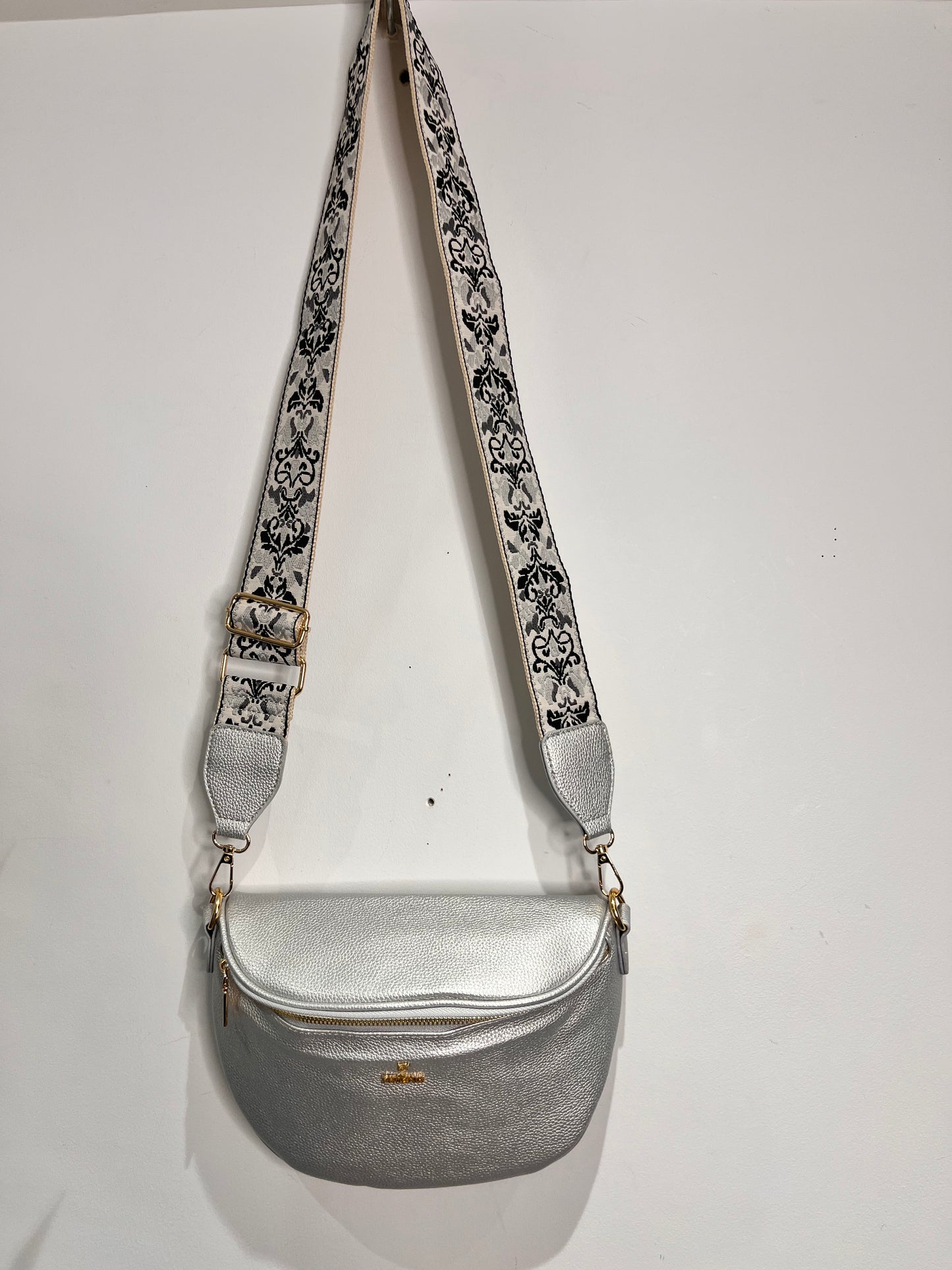 Curved Cross Body Bag with Print Strap - 2 Colours