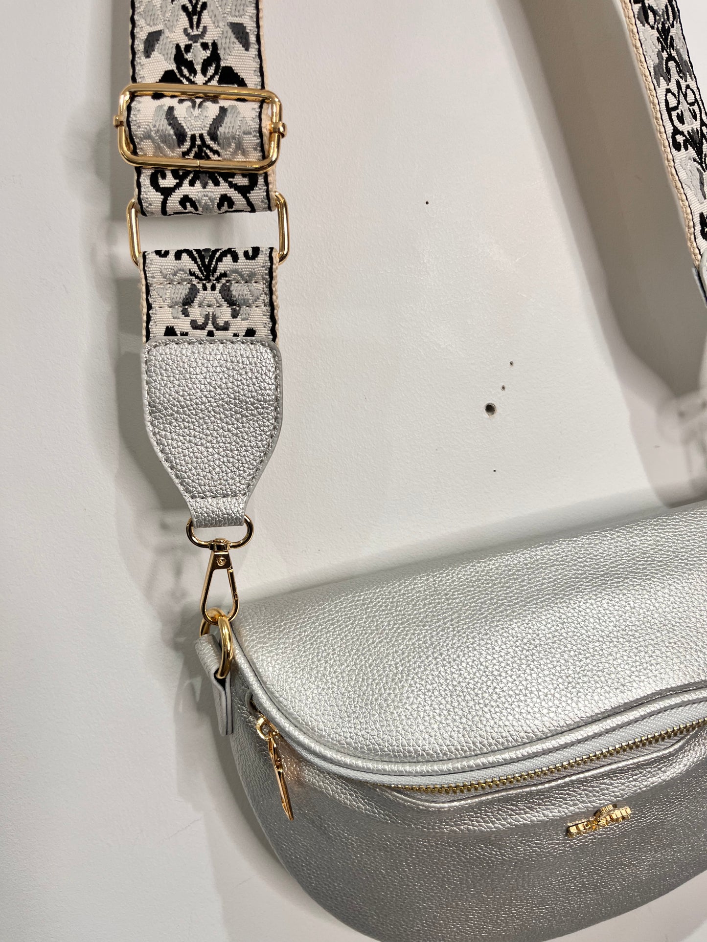 Curved Cross Body Bag with Print Strap - 2 Colours