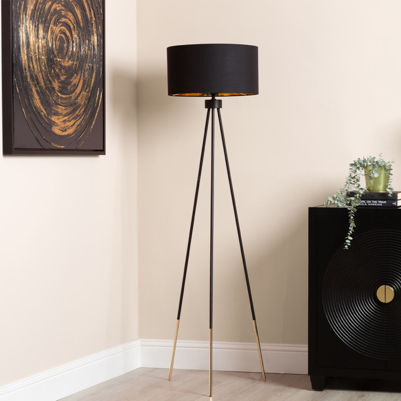 Black & Gold Tripod Floor Standing Lamp - Black Shade with Gold Inner - 159cm