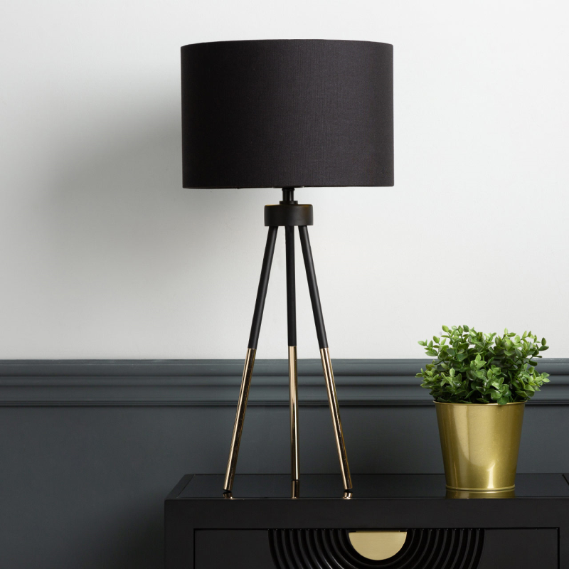 Black & Gold Tripod Table Lamp - Black Shade with Gold Inner - 63cm