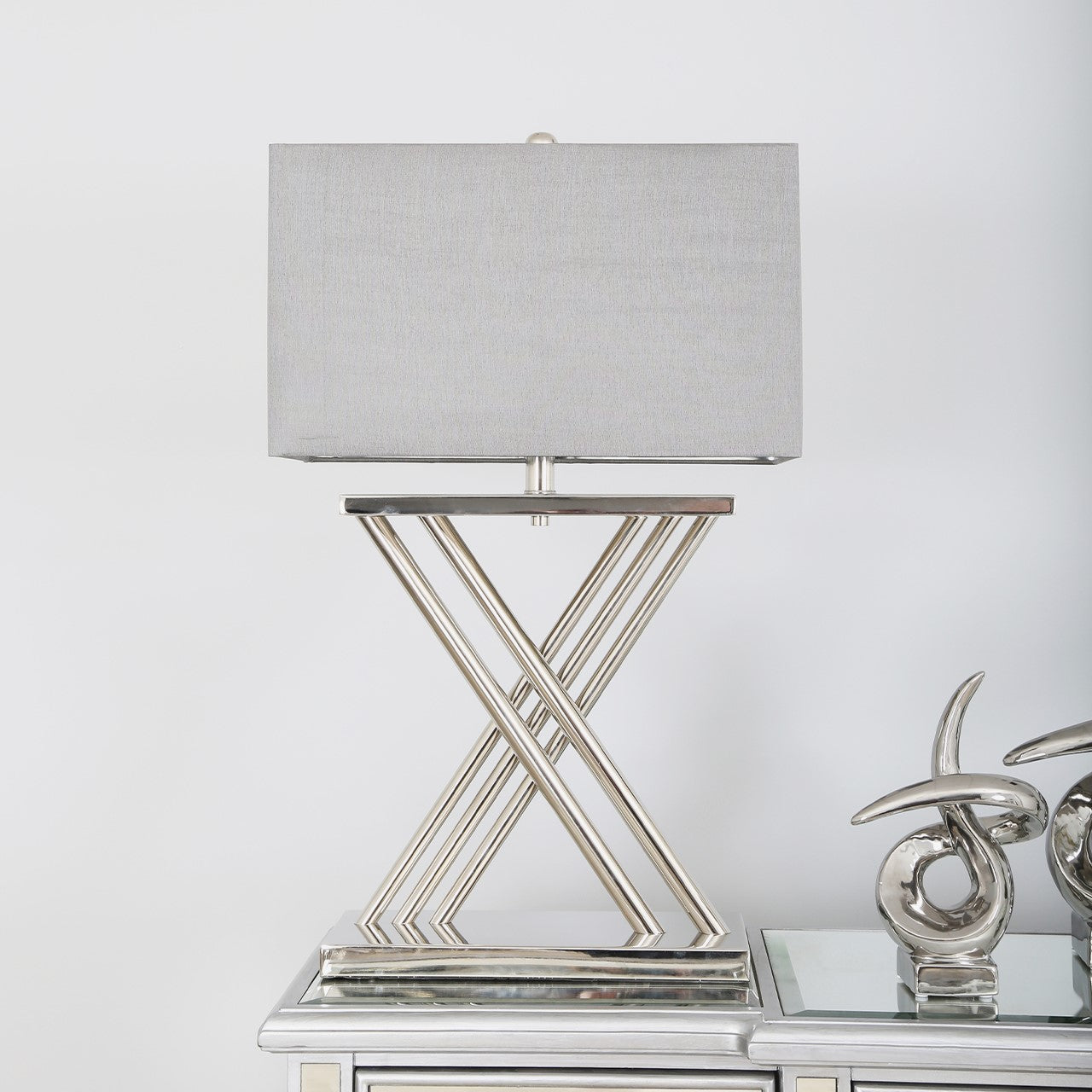 Denver X Frame Tall Table Lamp - Nickel finish with Grey Faux Silk Shade - 70cm