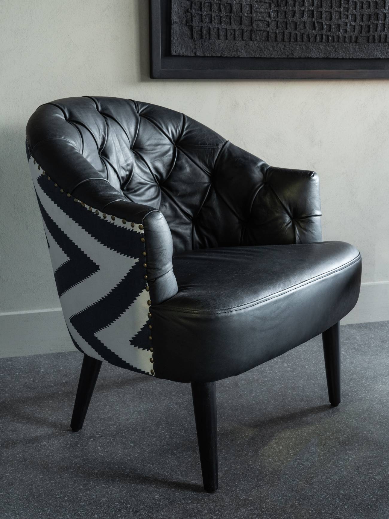 Admiral Occasional Chair with Leather Front & Contrasting Fabric Back - Black/Navy/White