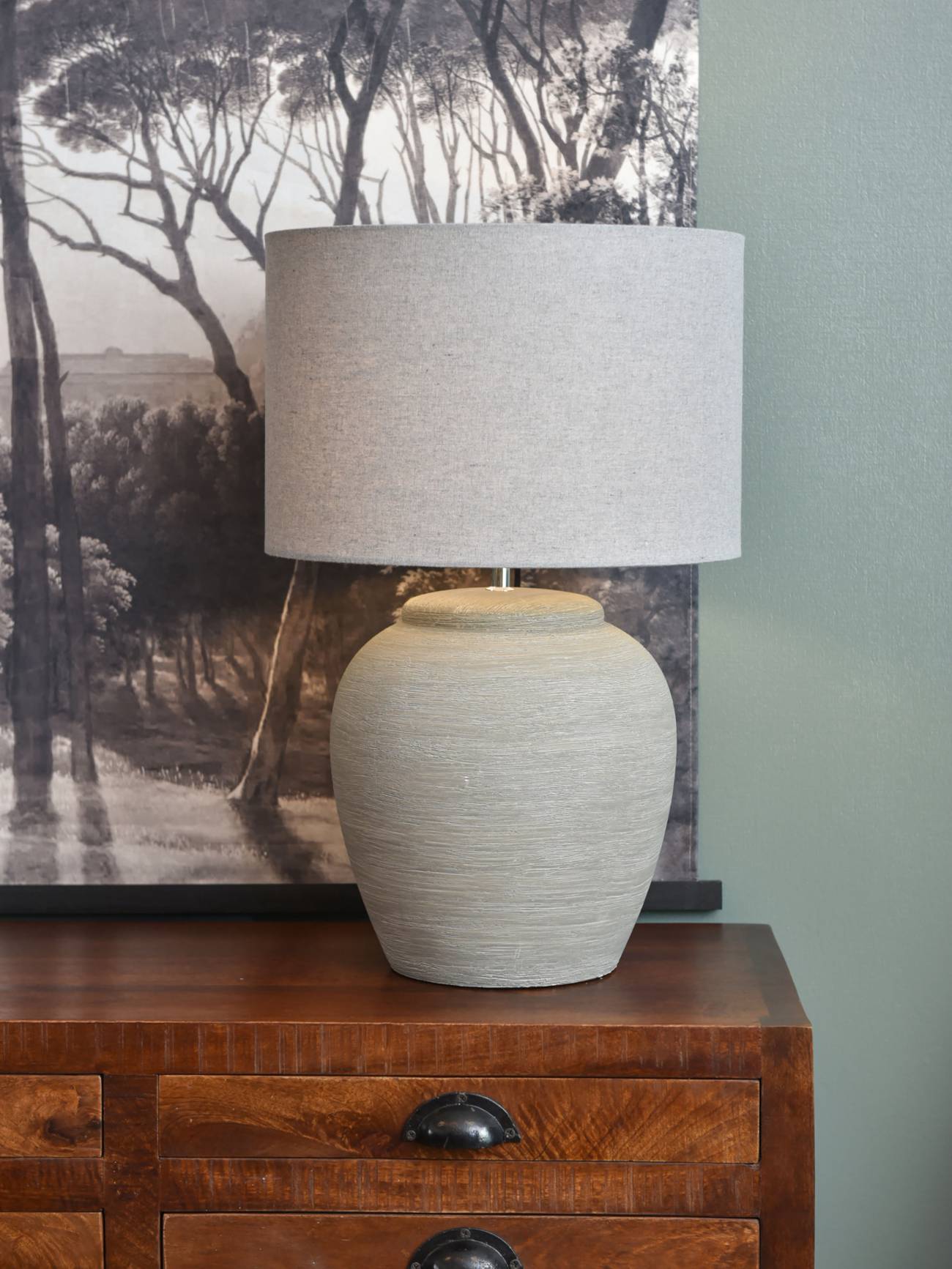 Baslow Etched Grey Small Ceramic Lamp with Shade - 28 x 28 x 43
