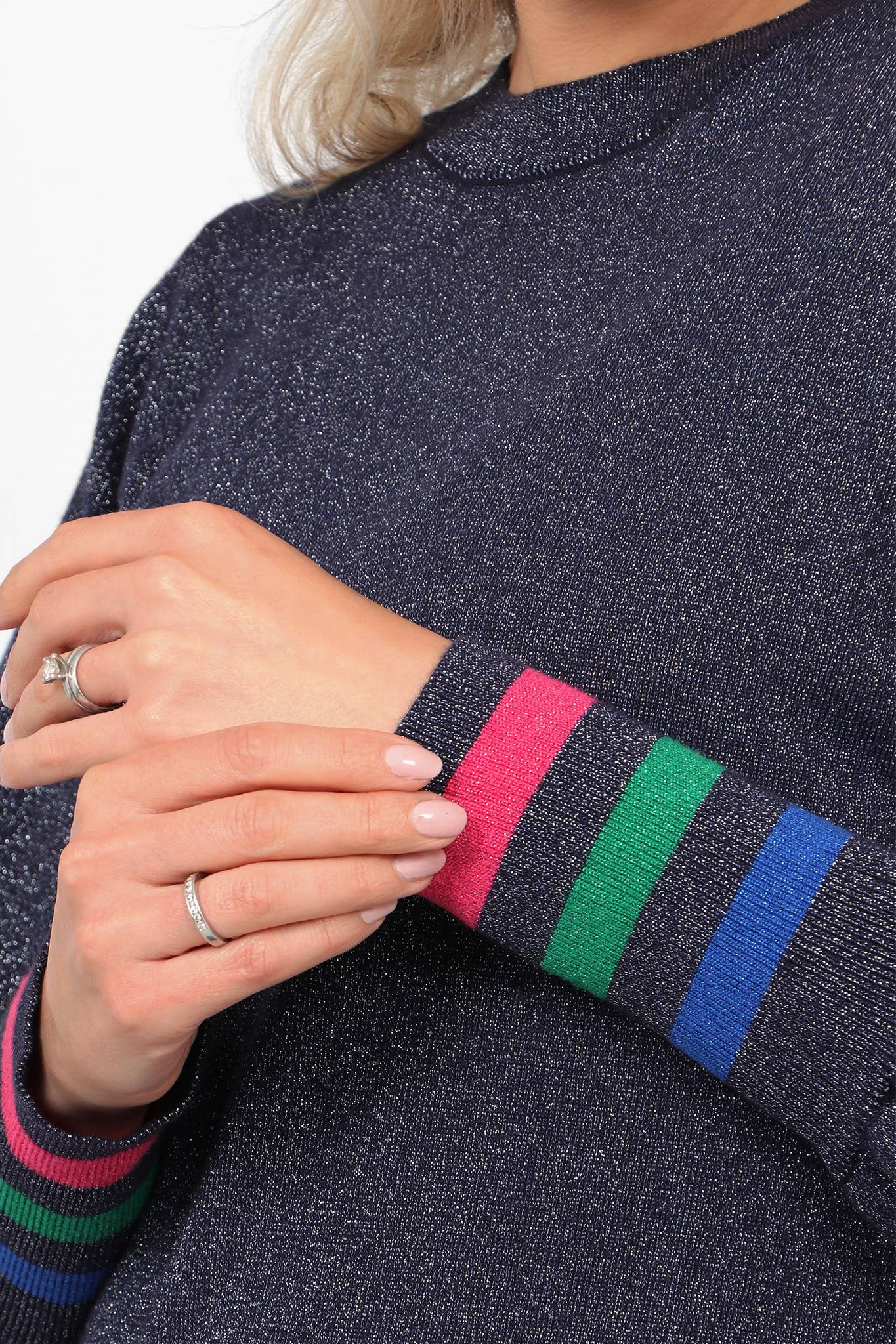 Navy Blue Multi Balloon Sleeve Jumper with Striped Cuff: Small (8-10)