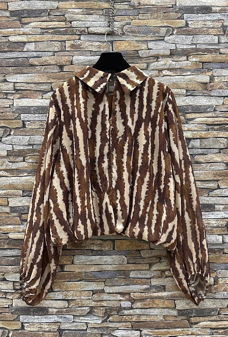 Chiffon Printed Bubble Hem Lined Blouse - Brown