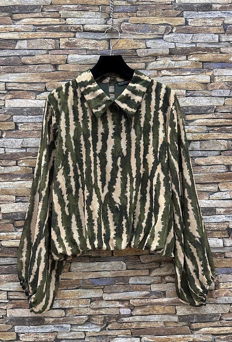 Chiffon Printed Bubble Hem Lined Blouse - Khaki
