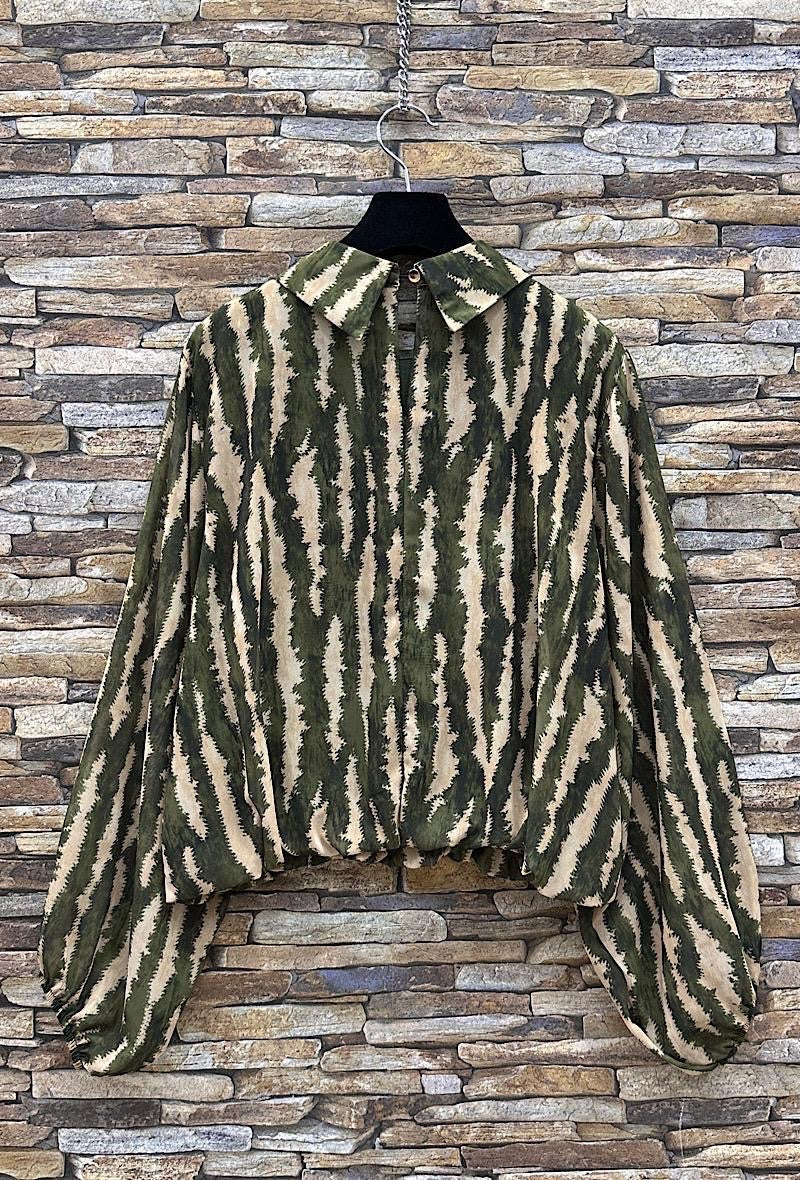Chiffon Printed Bubble Hem Lined Blouse - Khaki